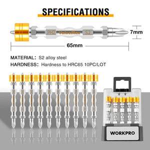 WORKPRO 10 Pcs 65mm Magnetic Screwdriver Bits Set Double-ended bits with magnetic ring PH2 Screw Repair Tool for Home Appliances