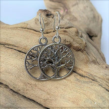 Load image into Gallery viewer, Silver Tone Tree of Life Dangle Earrings
