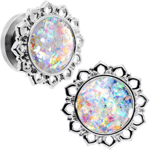 Load image into Gallery viewer, Handcrafted White Faux Opal Mandala Screw Fit Plug Set Sizes 8mm to 20mm
