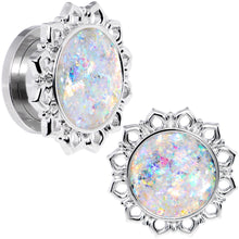 Load image into Gallery viewer, Handcrafted White Faux Opal Mandala Screw Fit Plug Set Sizes 8mm to 20mm
