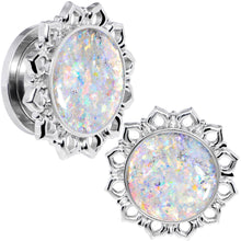 Load image into Gallery viewer, Handcrafted White Faux Opal Mandala Screw Fit Plug Set Sizes 8mm to 20mm
