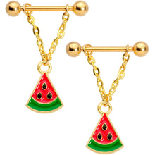 Load image into Gallery viewer, 14G 5/8 Handmade Gold Tone Watermelon Dangle Nipple Ring Set
