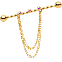 Load image into Gallery viewer, 14G Handmade Aurora Gem Gold Tone Chain Dangle Industrial Barbell
