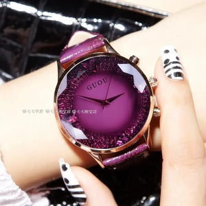 HK GUOU Brand Quartz Lady Watch Rhinestone Waterproof Women's Watch Genuine Leather Upscale Large Dial Luxury Gift Wristwatches