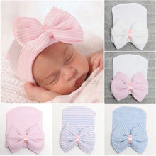 Load image into Gallery viewer, Newborn Baby Girls Striped Headband Headwear Toddler Soft Hat with Bow For Baby Girls
