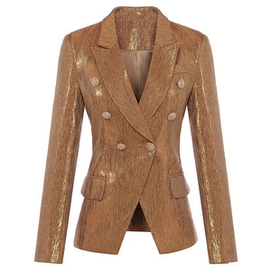 New Fashion 2023 Designer Blazer Party Women's Lion Metal Buttons Double Breasted Blazer Jacket Outer Wear Gold