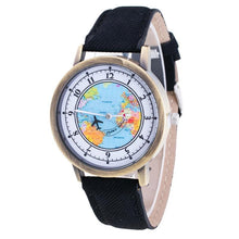 Load image into Gallery viewer, Fashion Casual Watches Women Casual Wristwatch Personality World Map With Airplane Pattern Cowboy Band Quartz Watch For Woman  and Girls
