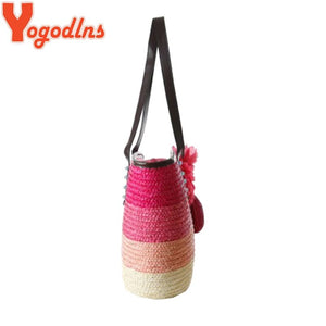 Yogodlns Knitted Straw bag Summer flower Bohemia fashion  women's handbags color stripes shoulder bags beach bag big tote bags