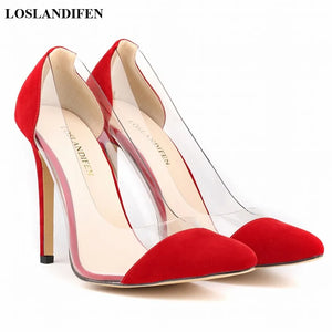 New Arrival Soft Leather Shallow Women Pumps Sexy Side Transparent PU Pointed Toe High Heels Shoes Fashion Women's Wedding Shoes