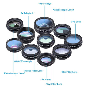 APEXEL 10in1 Phone Camera Lens Kit Fisheye Wide Angle Telescope Macro Mobile Lenses For iPhone Samsung Redmi 7 Huawei Cell Phone