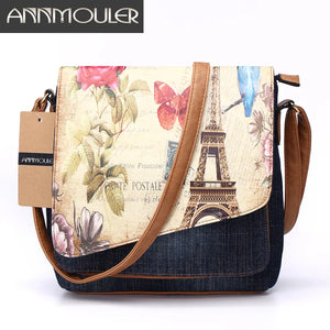 Annmouler Vintage Shoulder Bag Women's Fashion Demin Crossbody Bag Eiffel Tower Print Messenger Purse for LadyCasual Tote Bags