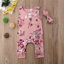 Load image into Gallery viewer, Floral Newborn Baby Girls Sleeve less Printed Rompers Jumpsuit Headband Clothes Sets Outfits For Baby Girls With Bow
