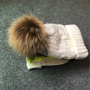 2022 Women's hats Add velvet Fleece Inside Beanies Winter Hats for women 100% Raccoon Fur Pompom Hat Female Twist pattern caps