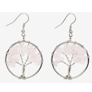 Women's Tree of Life Women Drop Earrings Round Natural Chip Gem Stone Opal Tiger Eye Pink Crystal Dangle Hook Earring Jewelry