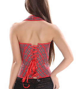 Sexy Women's Red Plaid Overbust Straps Corset Waist Cincher Outwear Halter Bustier with G-string Plus Size S-6XL