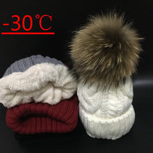 Load image into Gallery viewer, 2022 Women&#39;s hats Add velvet Fleece Inside Beanies Winter Hats for women 100% Raccoon Fur Pompom Hat Female Twist pattern caps
