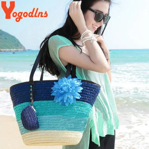 Yogodlns Knitted Straw bag Summer flower Bohemia fashion  women's handbags color stripes shoulder bags beach bag big tote bags