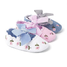 Load image into Gallery viewer, Baby Girl Newborn Shoes Floral Embroidery Striped Bowknot First Walker Soft Soles Anti-Slip Princess Shoes
