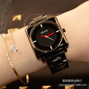 HK Brand Wristwatches Quartz-Watches High-Grade Women's Watches Rose Gold Black Stainless Steel Strap Joker Square Simple Luxury