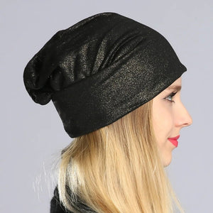 Geebro Spring Women's Bronzing Black Beanies Hat Casual Slouchy Beanie for Girls Metallic Color Skullies Cap Bonnet For Female