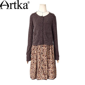 ARTKA Women's Autumn New Floral Printed Twin-set Dress Fashion O-Neck Long Sleeve Empire Waist  A-Line Dress LA10437Q