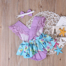 Load image into Gallery viewer, Summer Princess Floral Romper Dress For Baby Girl with Lace Sleeve+Headband For Little Princess
