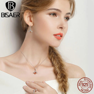 BISAER 925 Sterling Silver Cute Orange Zircon Bee Jewelry Set Pendant Necklace & Stud Earrings & Ring For Elegant Women's Party