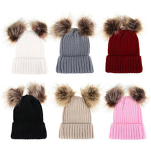 Load image into Gallery viewer, Fashion Parent-child Caps Cute Infant Baby Pom Pom Cap Winter Double Fur Ball Hat Baby Mom Warm Knitted Hat
