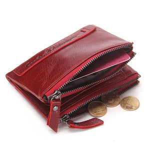 Fashion Genuine Leather Women Wallet Bi-fold Wallets Red ID Card Holder Coin Purse With Double Zipper Small Women's Purse 2022