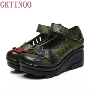 Handmade 2023 Spring Autumn Ethnic Comfortable Women Wedges Genuine Leather Women's Shoes round toe Platform high heels pumps