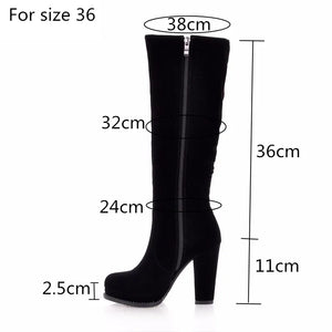 Women's Winter High Boots Fashion Flock Knee High Boots Women Knight Boots Black Thick High Heels Zipper Round Toe Ladies Shoes