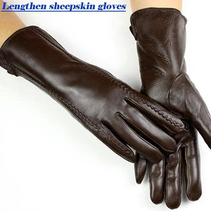 Sheepskin Gloves Women's Mid-Length Striped Style Velvet Lining Autumn and Winter Warmth Ladies Brown Leather Finger Gloves