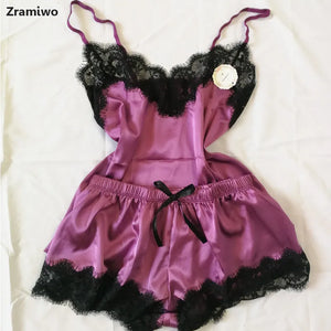 Women's Sleepwear Sexy Satin Pajama Set Black Lace V-Neck Pyjamas Sleeveless Cute Cami Top and Shorts