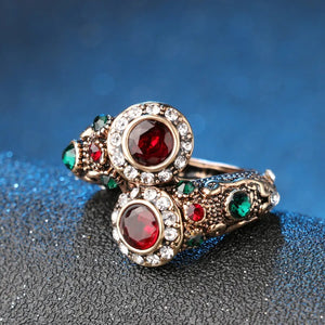 Turkish Red  Rings Antique Gold Color Women's Jewelry Double Head Red Gem Stone Finger Ring Free Shipping