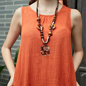 KUNIU 2023 Boho Jewelry Ethnic Style Long Hand Made Bead Wood Elephant Pendant Necklace for Women Price Decent women's neck