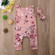 Load image into Gallery viewer, Floral Newborn Baby Girls Sleeve less Printed Rompers Jumpsuit Headband Clothes Sets Outfits For Baby Girls With Bow
