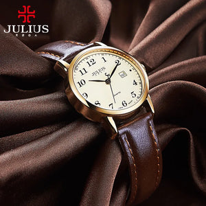 Top Julius Women's Watch Japan Quartz Hours Auto Date Fine Fashion Woman Clock Real Leather Strap Girl's Retro Birthday Gift Box