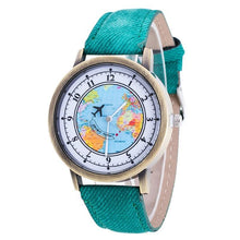 Load image into Gallery viewer, Fashion Casual Watches Women Casual Wristwatch Personality World Map With Airplane Pattern Cowboy Band Quartz Watch For Woman  and Girls
