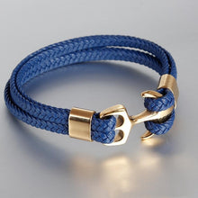 Load image into Gallery viewer, Modern Trend Leather Elegant Bracelet For Men Jewelry Blue Luxury Leather Gold Stainless Steel Anchor Braided Rope Amazing Nautical Style Friendship Bracelet Gift

