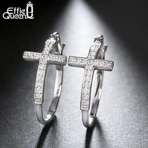 Effie Queen Hot Sale Big Hoop Earrings with CZ Diamonds Classic Cross Style Clip Design  Women's Earring Jewelry Gift DE142