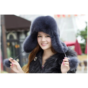 100% Real Fox Fur Hat Women's Russian Ushanka Aviator trapper snow skiing Hat caps earflap winter raccoon fur Bomber hat