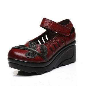 Handmade 2023 Spring Autumn Ethnic Comfortable Women Wedges Genuine Leather Women's Shoes round toe Platform high heels pumps