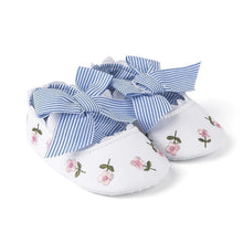 Load image into Gallery viewer, Baby Girl Newborn Shoes Floral Embroidery Striped Bowknot First Walker Soft Soles Anti-Slip Princess Shoes
