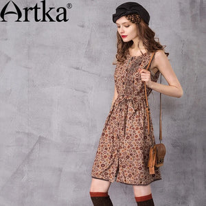 ARTKA Women's Autumn New Floral Printed Twin-set Dress Fashion O-Neck Long Sleeve Empire Waist  A-Line Dress LA10437Q