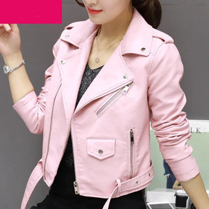 Jacket  PU Leather  Autumn Winter Street  Women's Short Washed Zipper Bright Colors Ladies Basic Motorcycle  Outwear  OverCoat