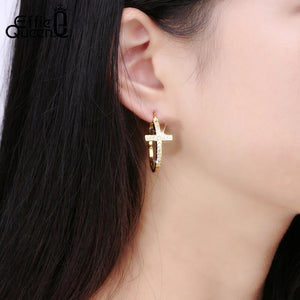 Effie Queen Hot Sale Big Hoop Earrings with CZ Diamonds Classic Cross Style Clip Design  Women's Earring Jewelry Gift DE142