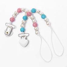 Load image into Gallery viewer, Handmade Shiny Pacifier Clip Chain Infant Nipple Holder Wooden Beaded Crystal Nipple Leash Strap Metal Pacifier Clips For Baby
