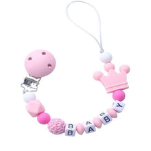 Load image into Gallery viewer, Pink Silicone Personalised Name Baby Pacifier Clips Crochet Beads Silicone Crown Pacifier Chain Holder For Kids and Baby Pacifier
