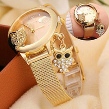 Load image into Gallery viewer, STEVVEX Gold  Watch Brand Quartz Women Rose Gold Stainless Steel Mesh Belt Ladies Wristwatch Female Clock Owl (Gold) For Women and Girls
