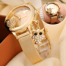 Load image into Gallery viewer, STEVVEX Gold  Watch Brand Quartz Women Rose Gold Stainless Steel Mesh Belt Ladies Wristwatch Female Clock Owl (Gold) For Women and Girls
